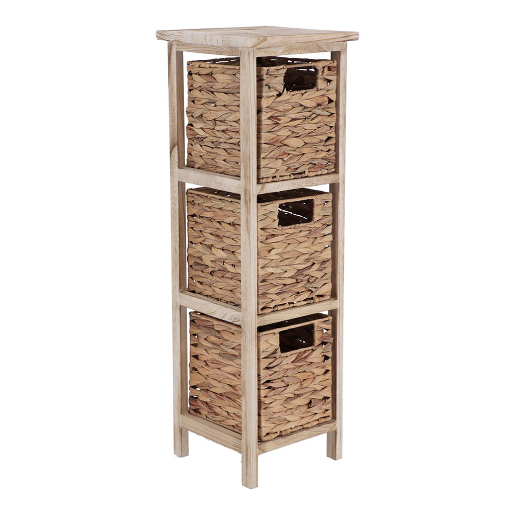 Meuble de rangement paulownia 3 paniers jacinthe naturel 25x77x25cm