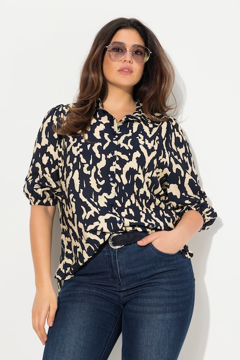 Bluse, Oversized, Hemdkragen, 3/4-Arm, hinten länger