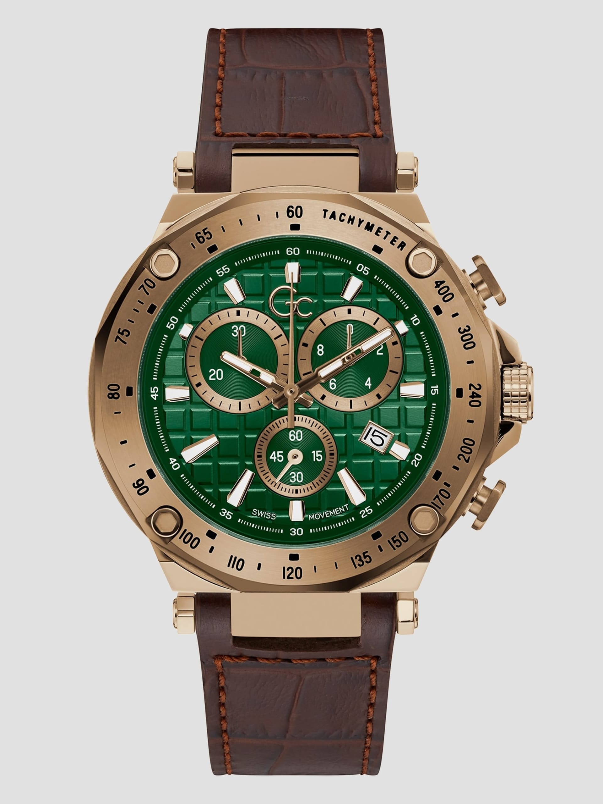 Relógio cronógrafo Gc dourado com pulseira de couro marrom