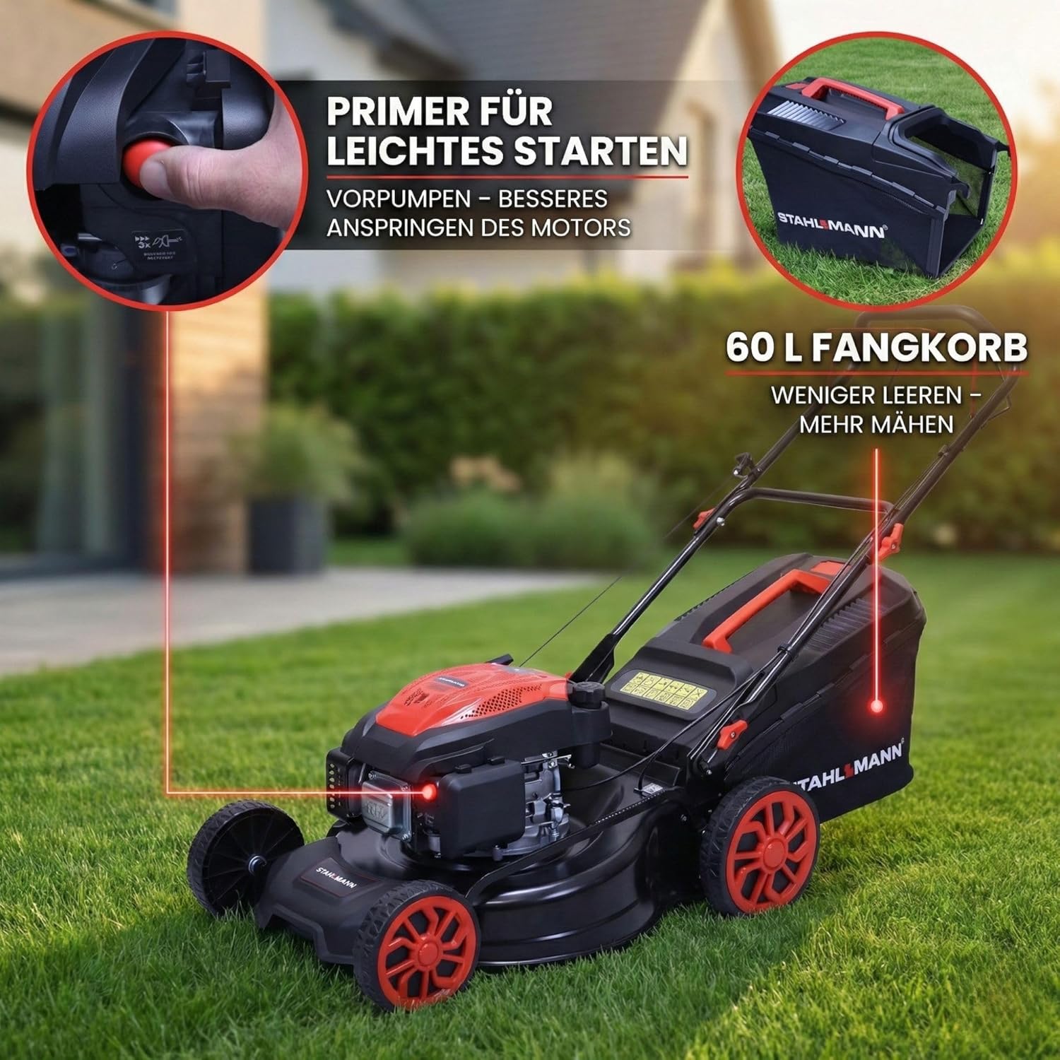 STAHLMANN Rasenmäher Benzin mit Antrieb BR532 – 7,0PS (5,1kW) 223ccm mit Antrieb, 53cm Schnittbreite, Mulchen, Schnitthöhenverstellung, Easy Clean Anschluss, Große Räder, 60L Korb