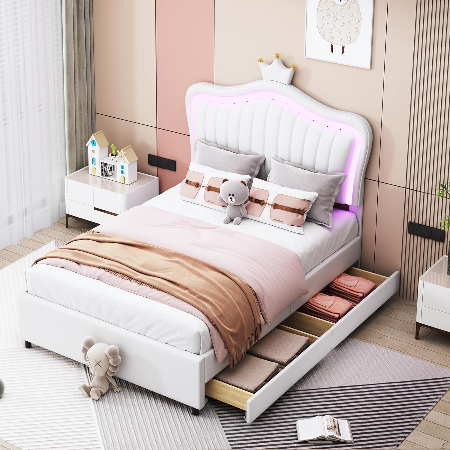 Kinderbett Polsterbett 90x200, Bettgestell für Mädchen mit LED verstellbares Kopfteil, Kronen-Einzelbett aus PU-Leder mit Lattenrost und 2 Schubladen, Weiß, ohne Matratze
