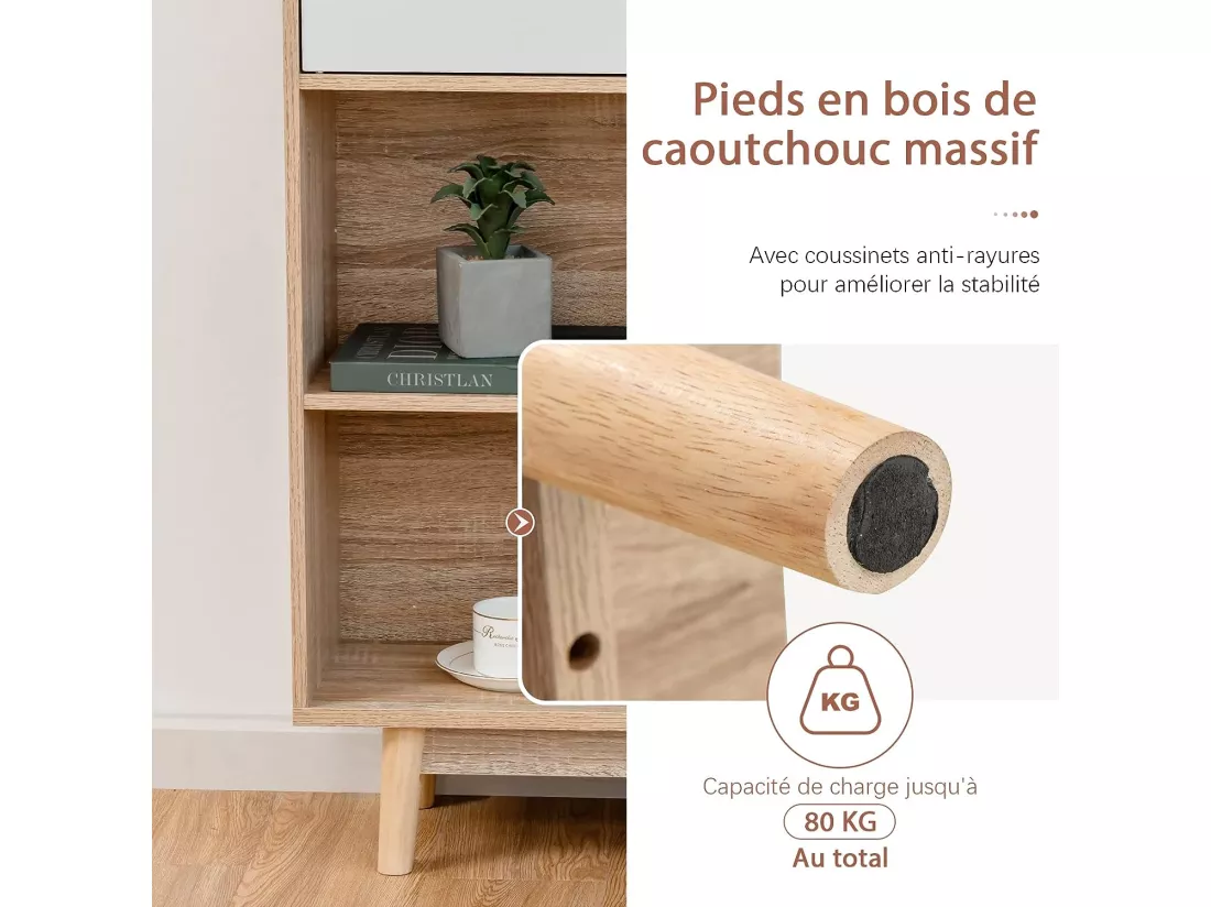 Bibliothèque, étagère à 4 niveaux avec 2 portes, meuble de rangement avec patins anti-rayures et dispositif anti-basculement (blanc+naturel)