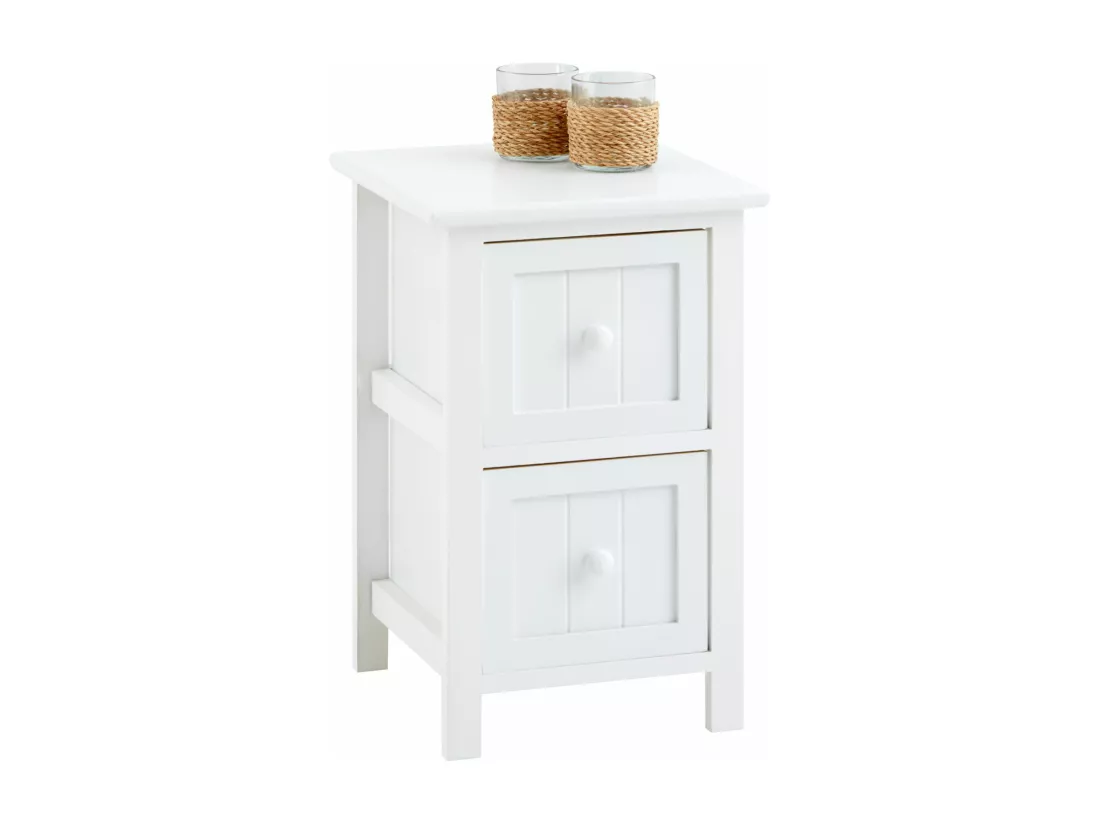 Table de chevet TREYA table de nuit en bois avec 2 tiroirs, meuble style rustique pour la chambre lasuré blanc