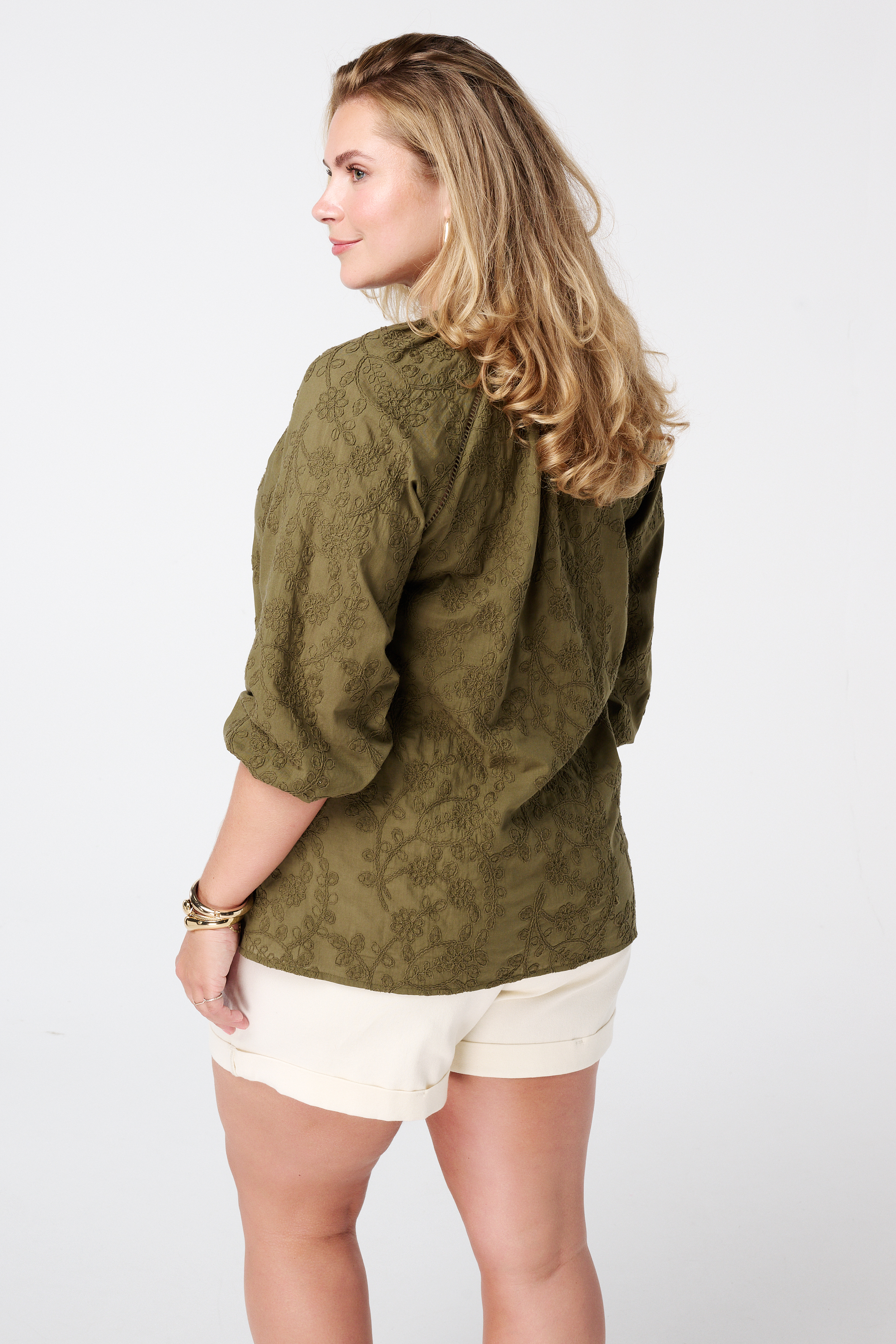 Blouse met broderie Khaki