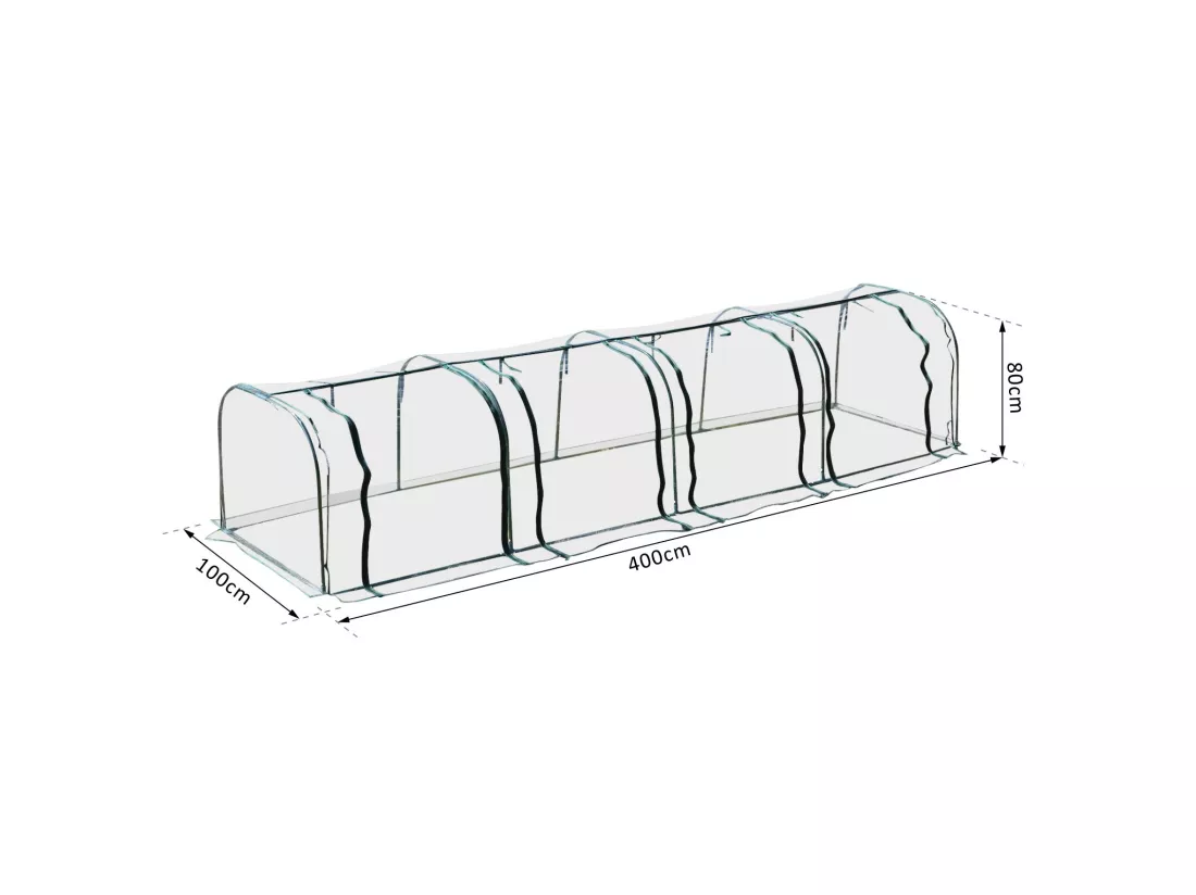 Serre de jardin tunnel 3,95L x 1l x 0,8H m 4 portes zippées bâche PVC transparent acier thermolaqué vert