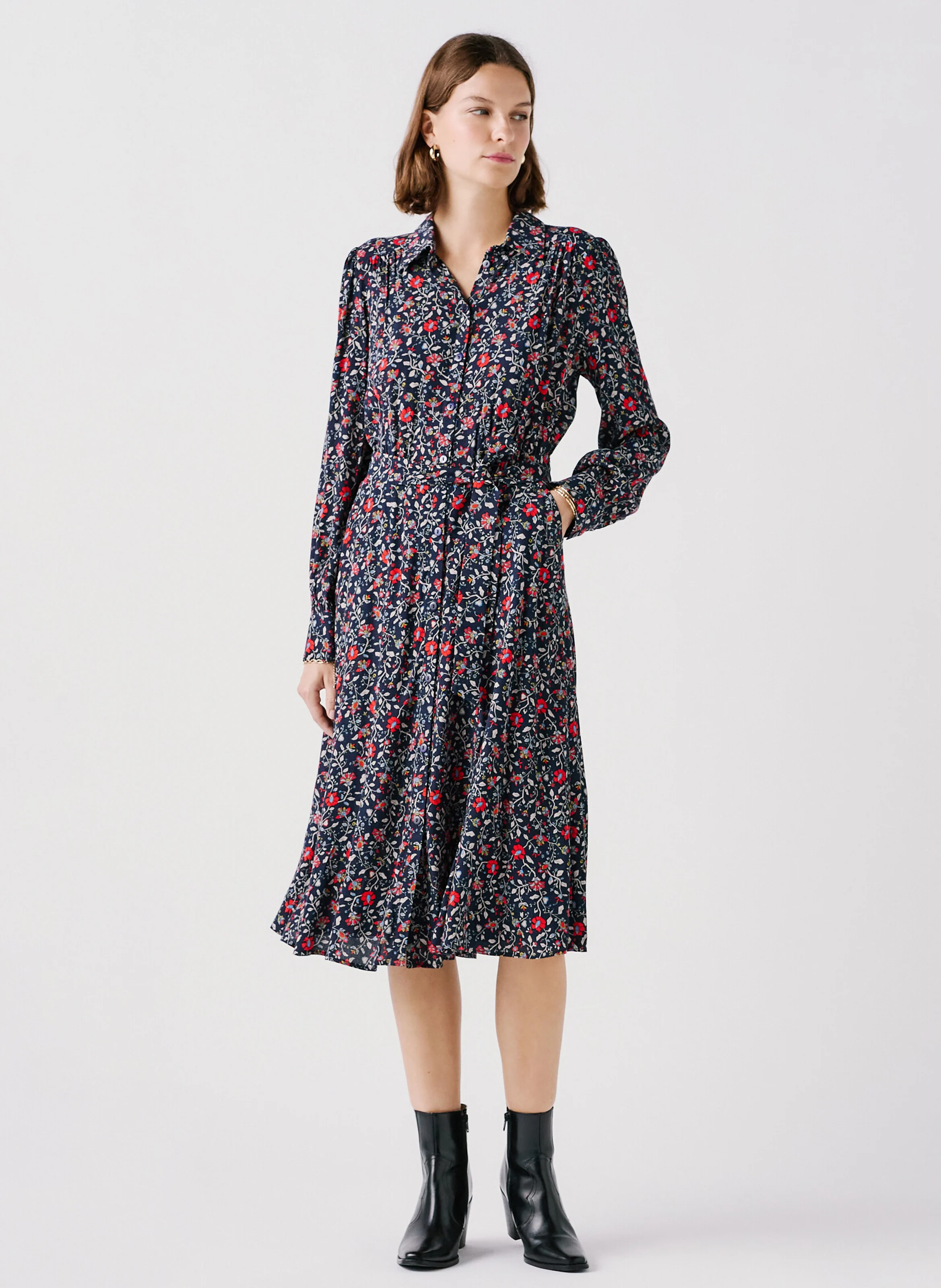 RDANYA - Robe chemise midi imprimée| Bleu
