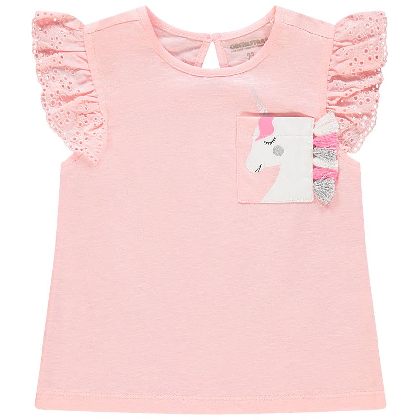 T-shirt à manches courtes volantées et poche imprimée - Rose