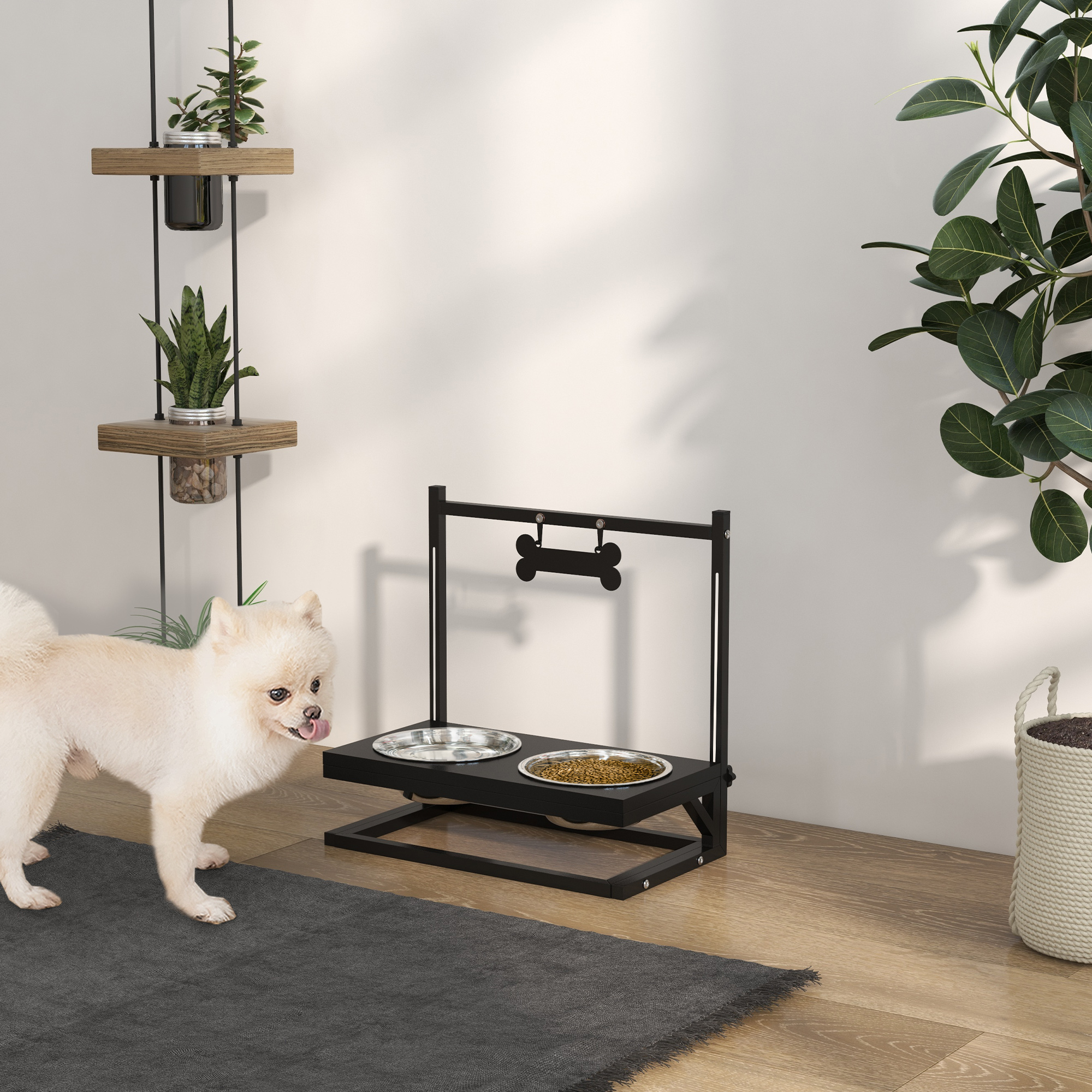 Comedouro elevado para cães PawHut, com 2 tigelas de aço inoxidável, altura ajustável e 1 prato de metal em formato de osso, 40,5 x 22 x 39 cm, preto.