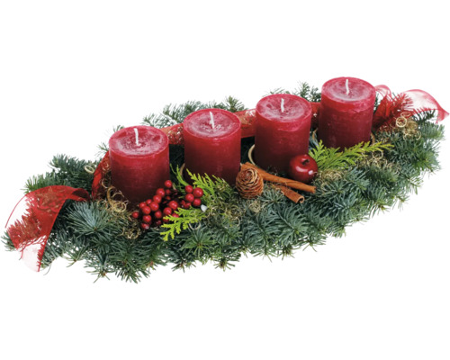 Adventsbloemstuk, tafelstuk, L 50 cm, B 22 cm, H ca. 11 cm, inclusief 4 rustieke kaarsen, Ø 6 cm, H 8 cm, antiekrood