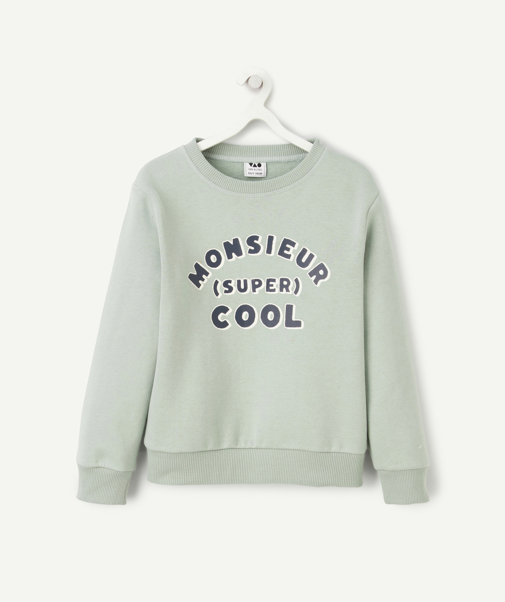 SWEAT GARÇON EN FIBRES RECYCLÉES VERT AVEC MESSAGE MONSIEUR COOL