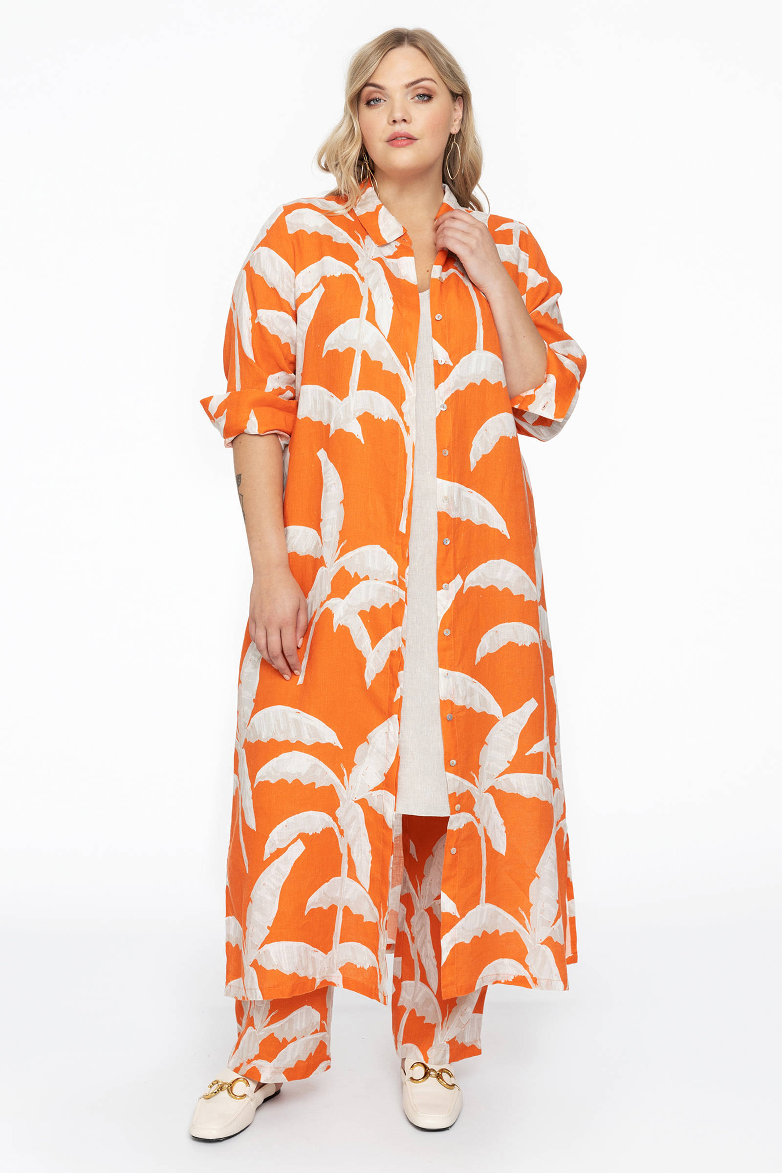 YOEK straight fit broek met linnen en all over print oranje/zand
