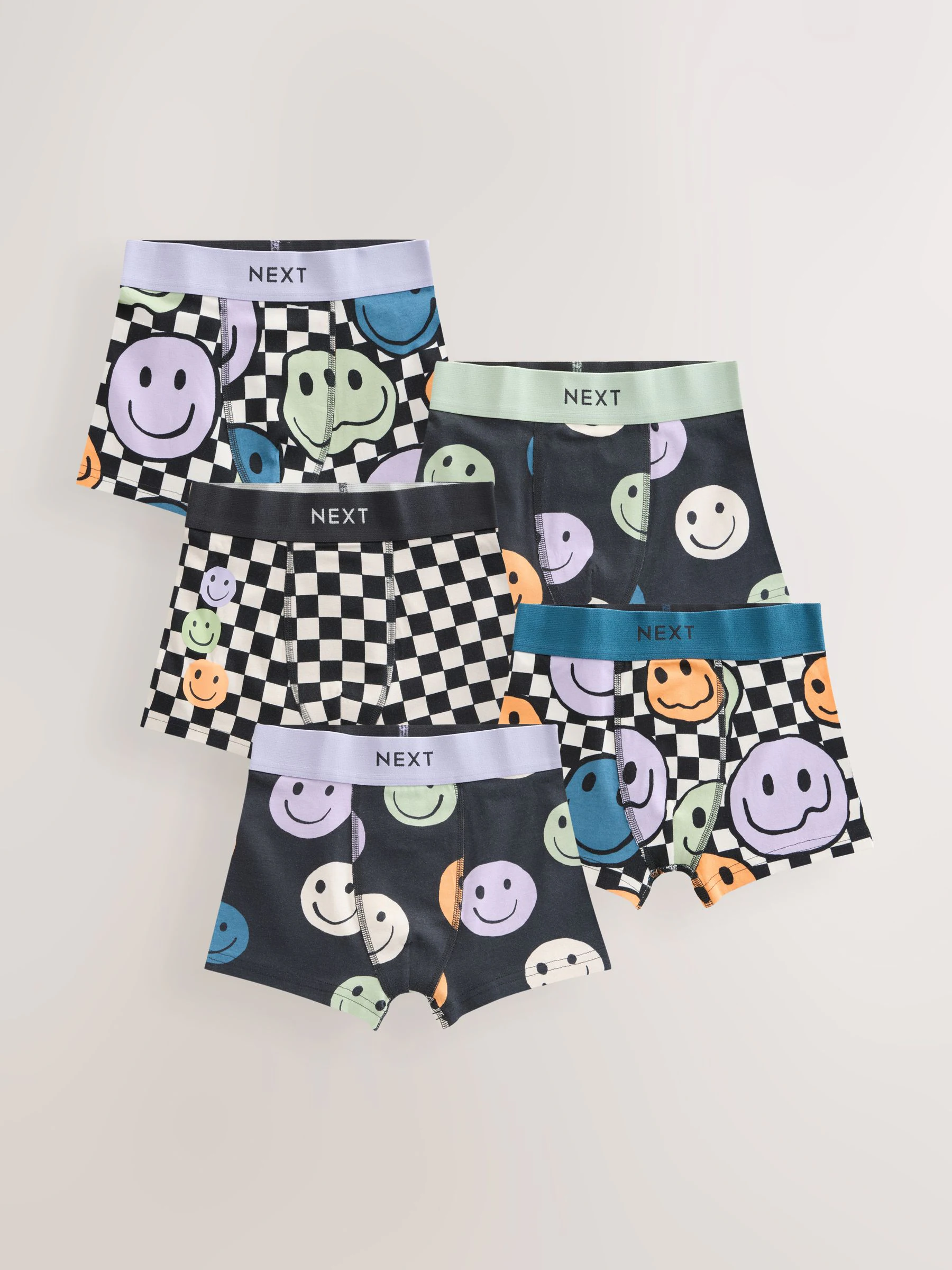 Dambord- en smileyprint - Verpakking van 5 trunks met motief (1,5-16jr)