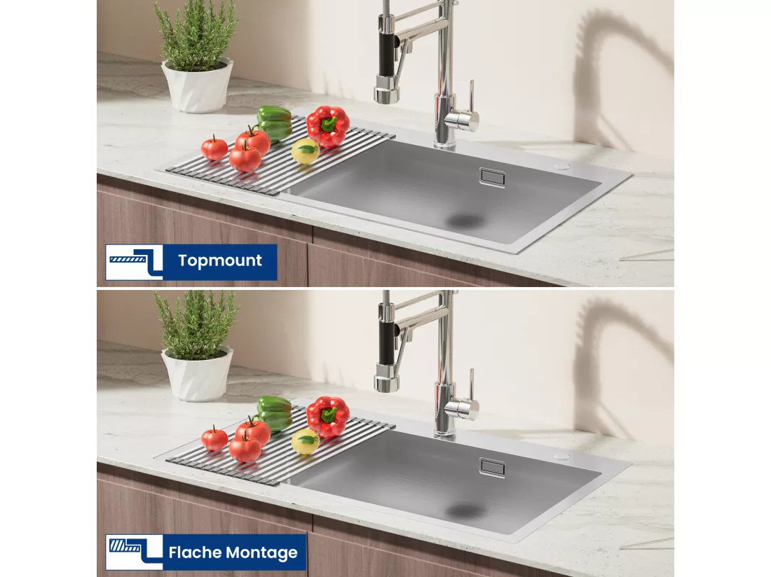 Auralum MAX Évier de Cuisine 1 Cuve Inox Brossé 304 75*45*19CM - Évier 1 Bac avec Égouttoir pliable-Grande Capacité avec Deux Trous de Montage