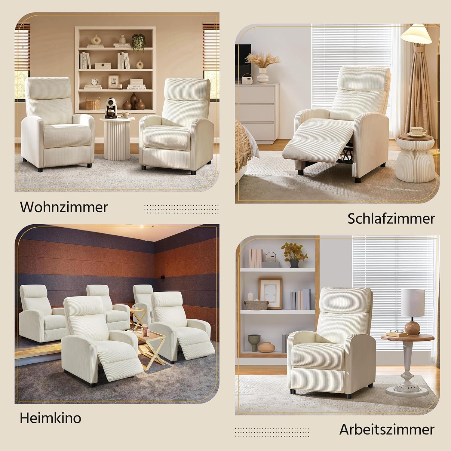 Yaheetech Relaxsessel Fernsehsessel Einzelsofa Ruhesessel mit Verstellbarer Beinablage Liegesessel aus Cordstoff Beige