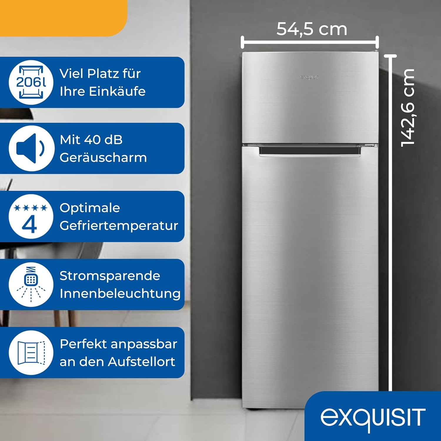 Exquisit Kühl-Gefrierkombination, 143 cm Höhe, Kühlschrank mit Gefrierfach, 4-Sterne-Gefrieren, 206 Liter, KGC5270-45-040E inoxlook