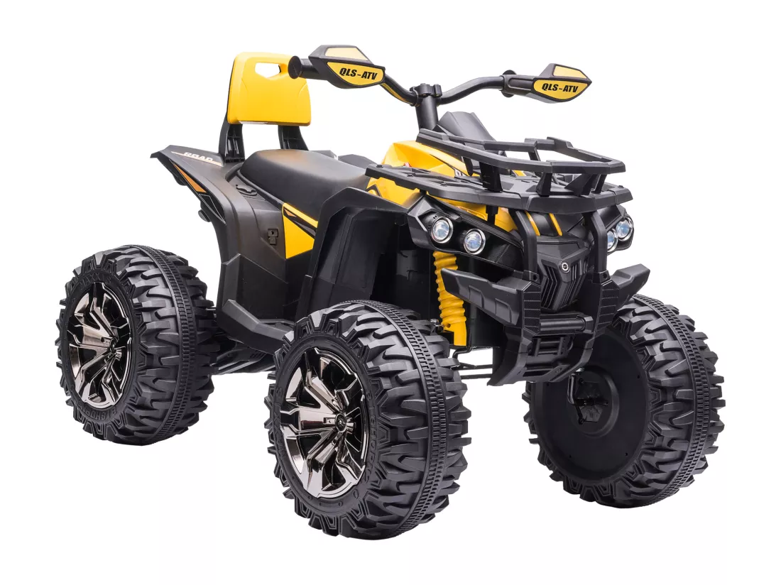 Voiture 4x4 quad buggy électrique enfant 12 V 5 Km/h max. effets lumineux sonores selle avec dossier porte-bagage avant métal PP jaune noir