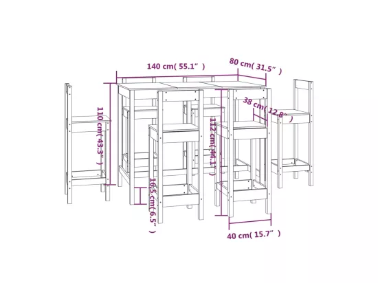 Ensemble de bar 7 pcs Blanc Bois de pin massif