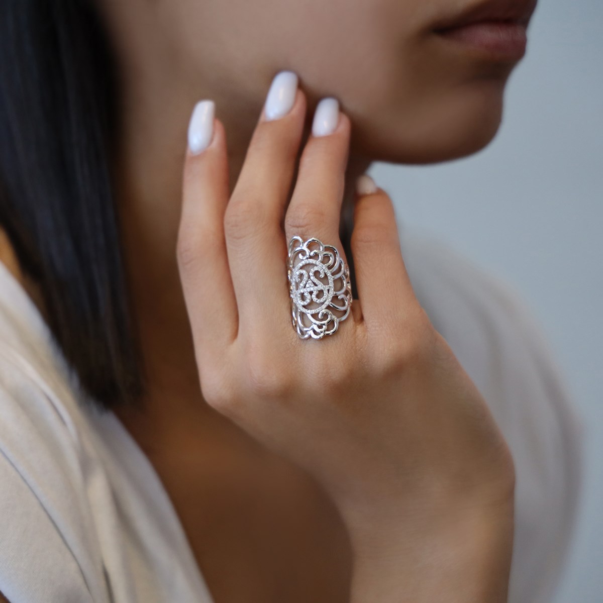 Bague Argent Rhodié Arabesque Orus Sertie