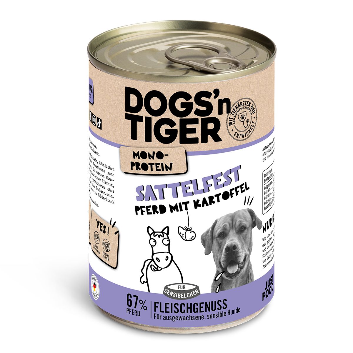 Dogs’n Tiger Adult Hundefutter, Nassfutter, Sattelfest, hypoallergen, Monoprotein, Pferd & Kartoffel