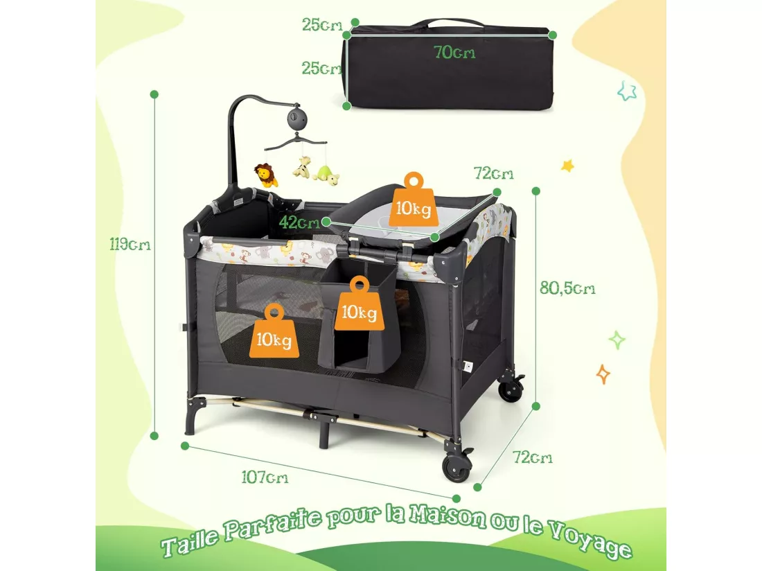 3 en 1 Lit Parapluie Bébé avec Berceau en Tissu Oxford, Lit de Voyage avec Centre Musical et Table à Langer pour Bébé 0-36 Mois Hauteur Réglable Gris