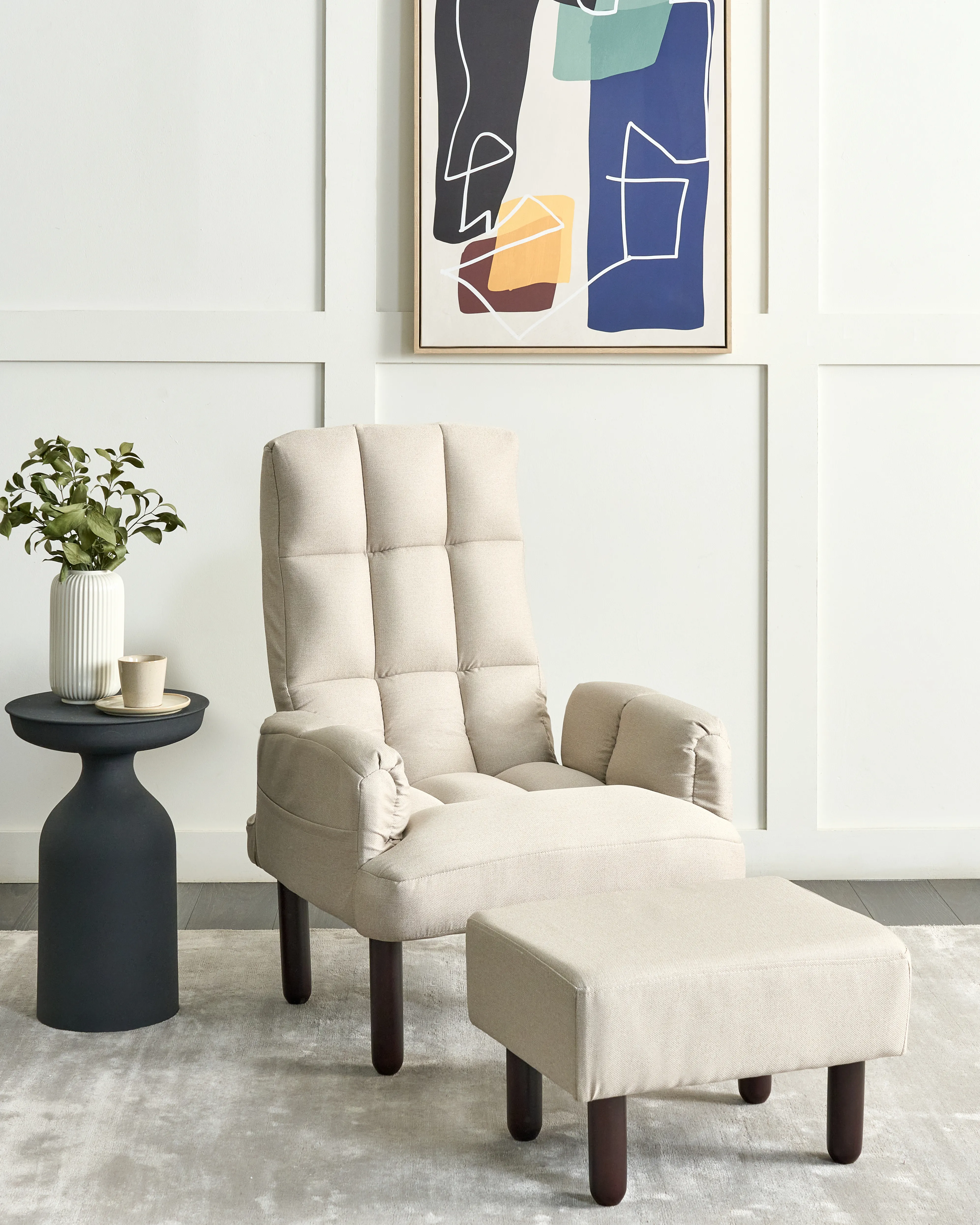 Relaxfauteuil OLAND met voetenbank Kunstlinnen Lichtbeige