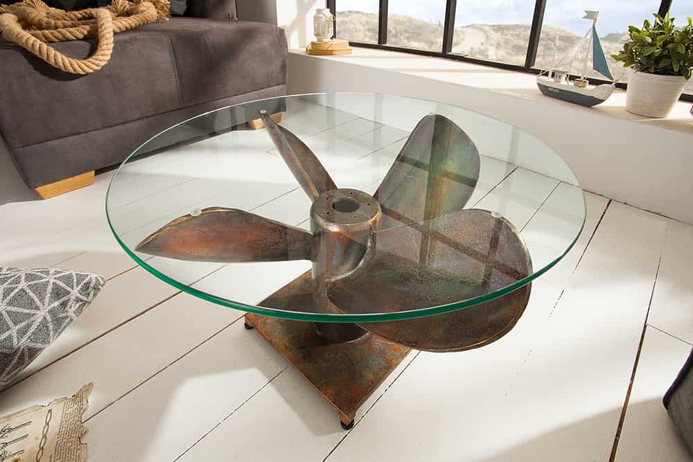 Maritimer Couchtisch OCEAN M 60cm kupfer geflammt rund Schiffsschraube Glasplatte