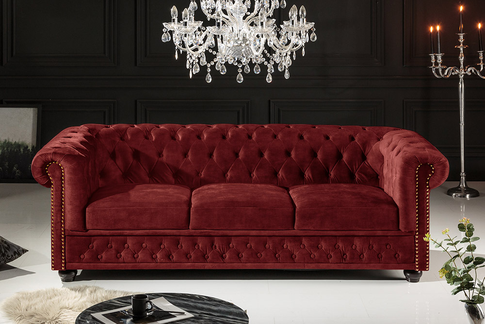 Barock Sofa CHESTERFIELD 205cm rot Samt Federkern Knopfheftung 3-Sitzer Couch