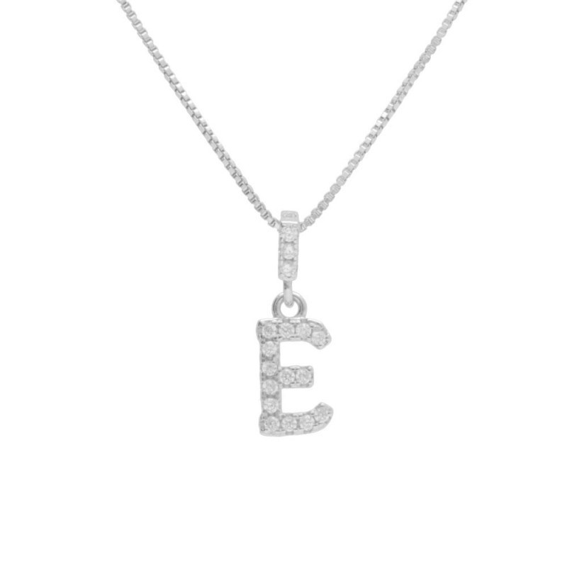 Collier Argent 925/000 Rhodié - Initiale Lettre E Pavée de Zirconiums