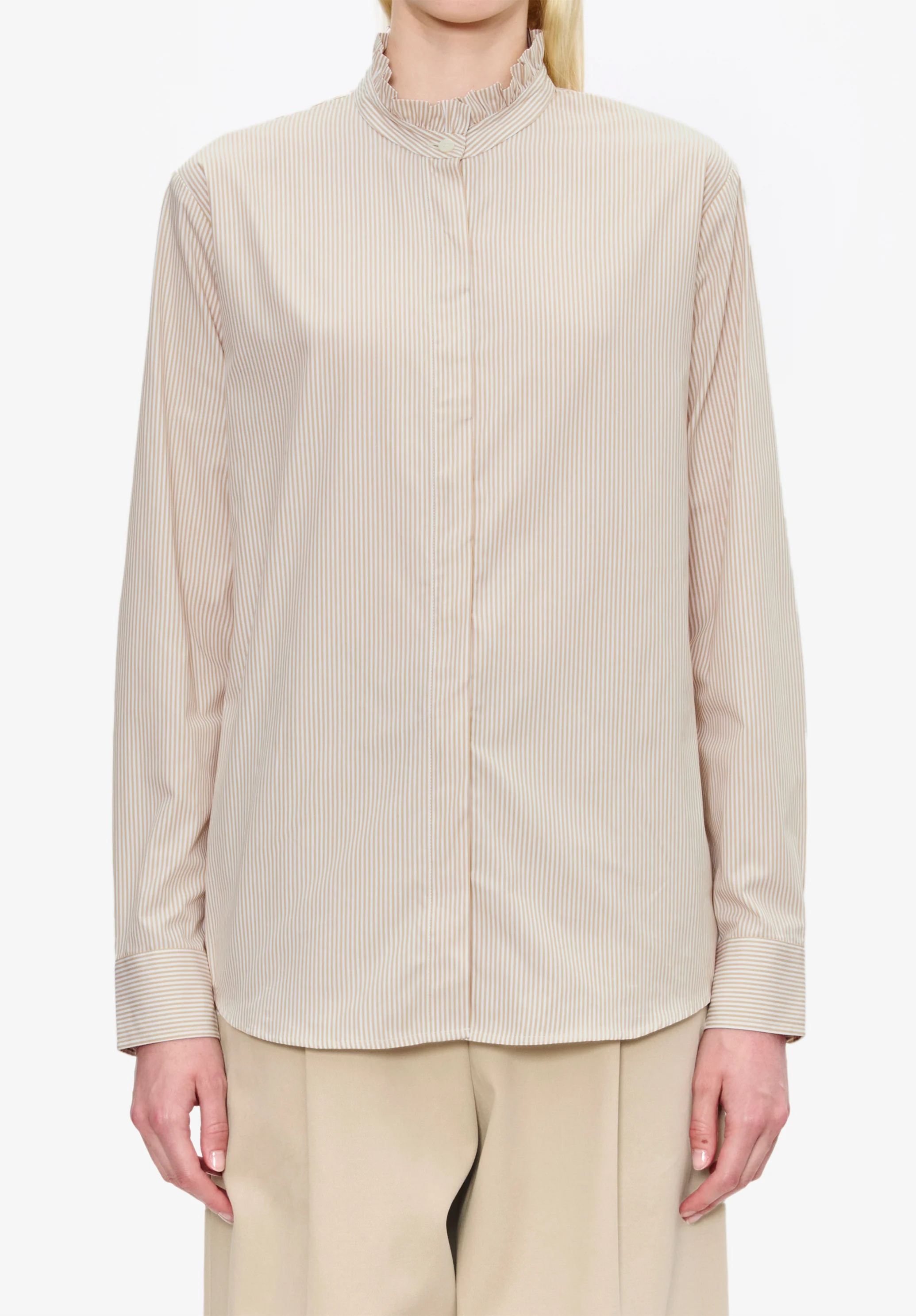 Blouse rayée col à volant - Beige