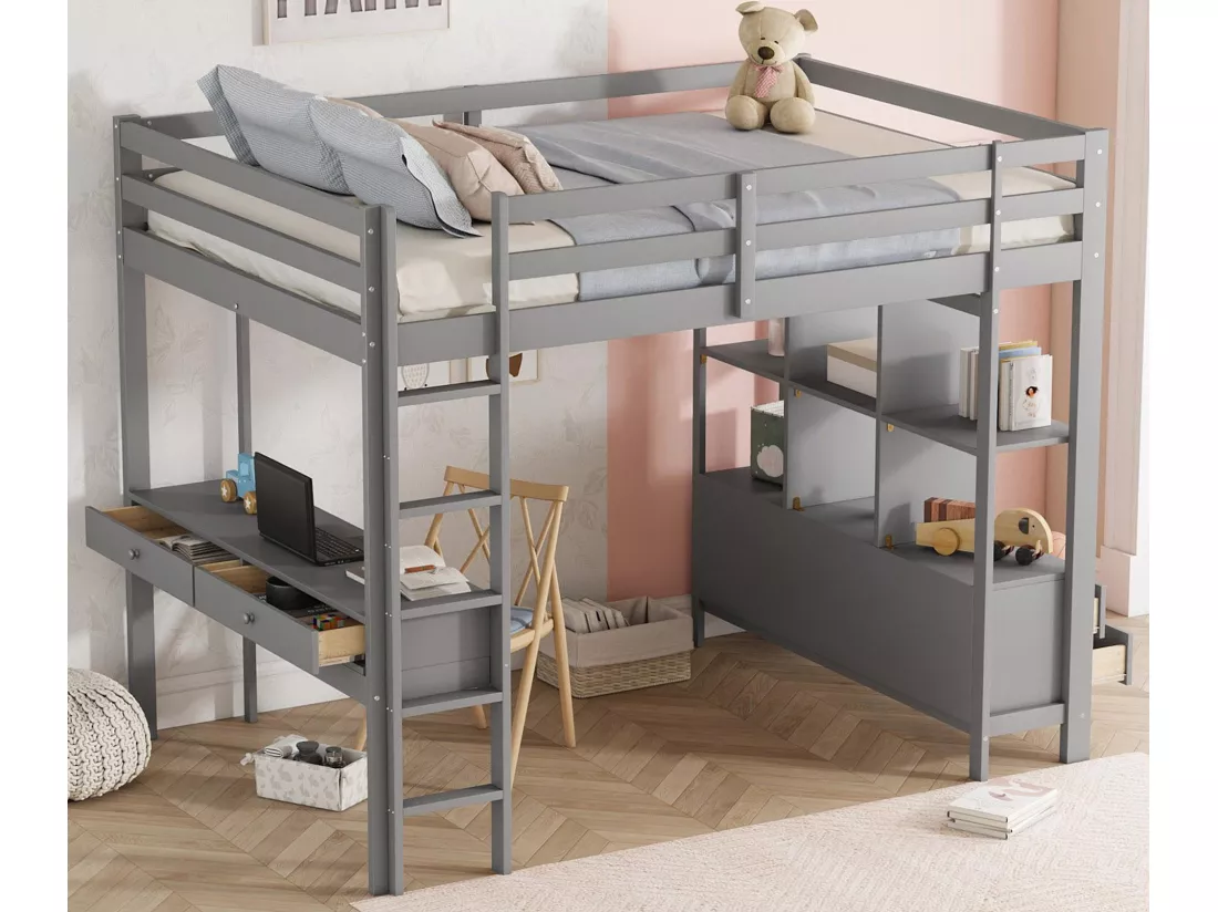 Lit mezzanine 140x200cm en pin massif avec bureau + tiroirs + étagères + sommier à lattes - Gris