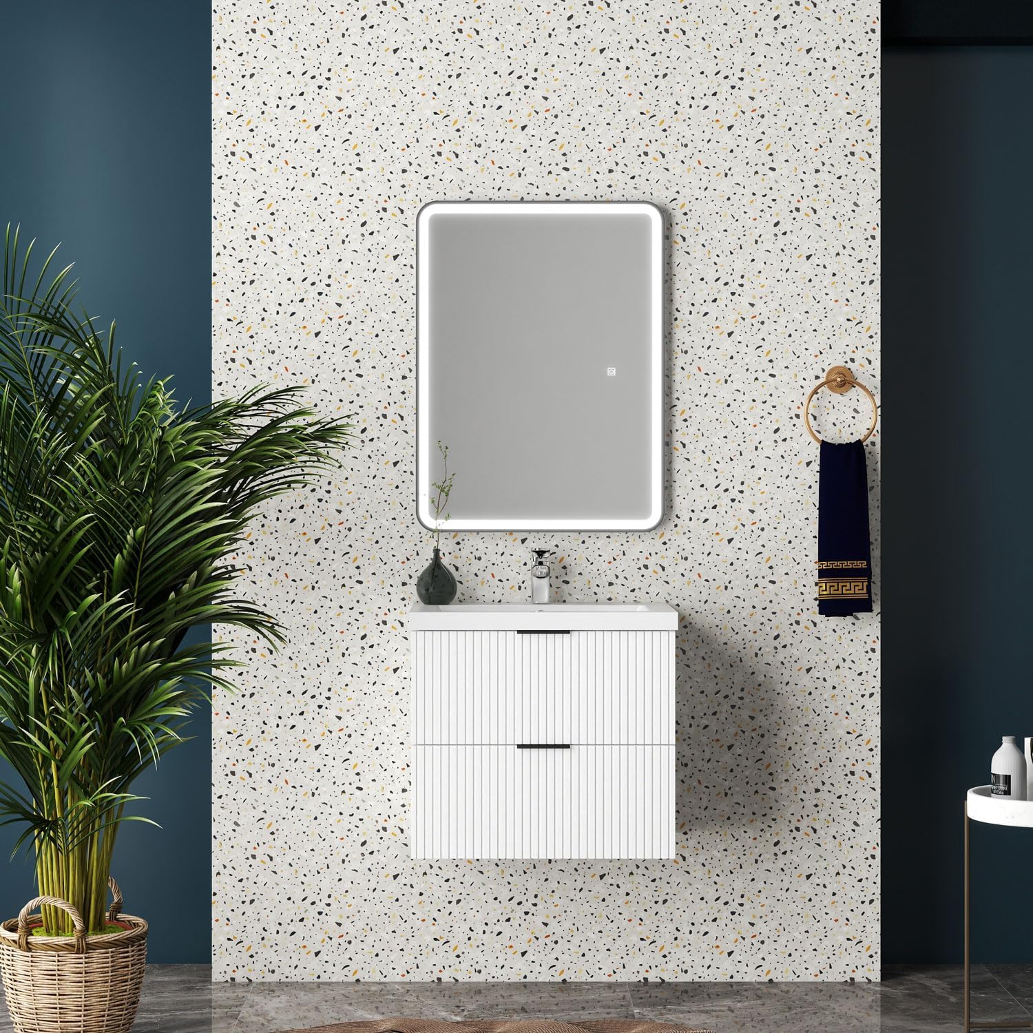 Aica Sanitär Waschtisch mit Unterschrank 60cm Riva Badmöbel Set Weiß Waschbecken mit Unterschrank MDF Softclose