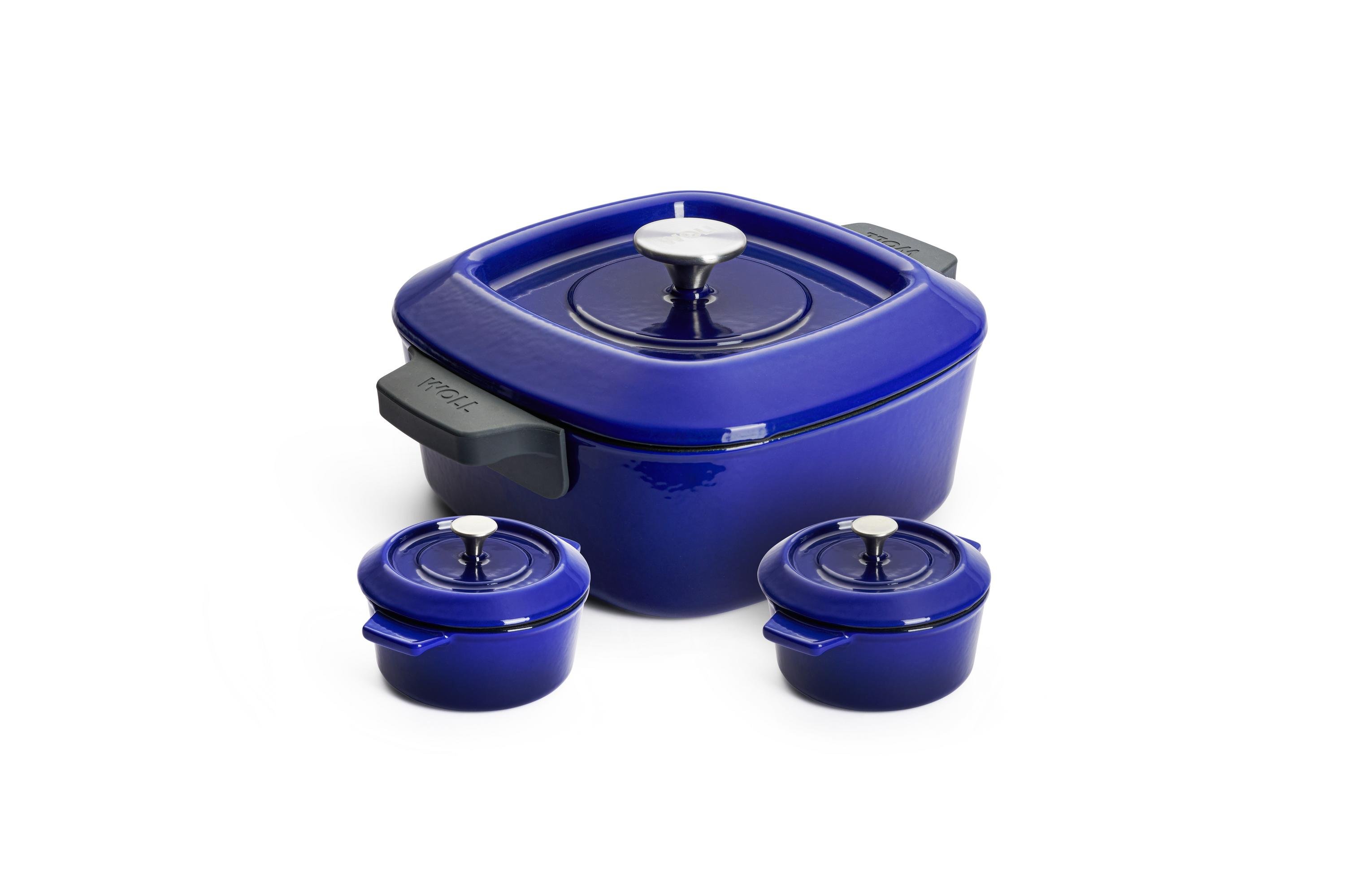 Iron Guss-Kasserolle, 24 x 24 cm, und 2 Guss-Mini-Kasserollen - Farbe: Cobalt Blue von WOLL