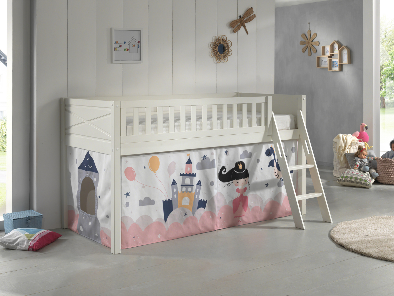 Spielbett SCOTT - weiß - Princess Sophie - mit Vorhang und Leiter - 90x200 cm
