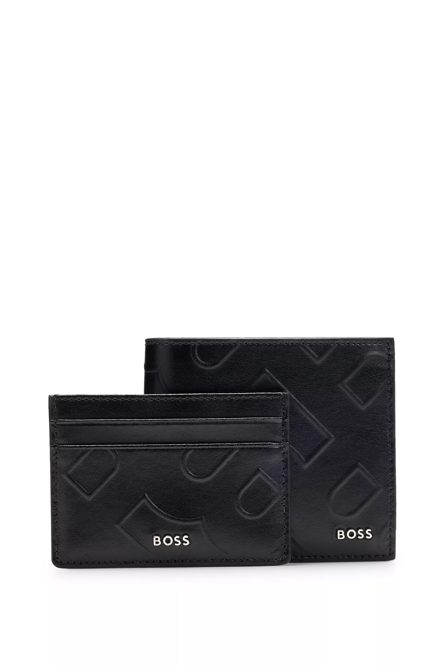 Conjunto de carteira e porta-cartões em couro preto com monograma BOSS