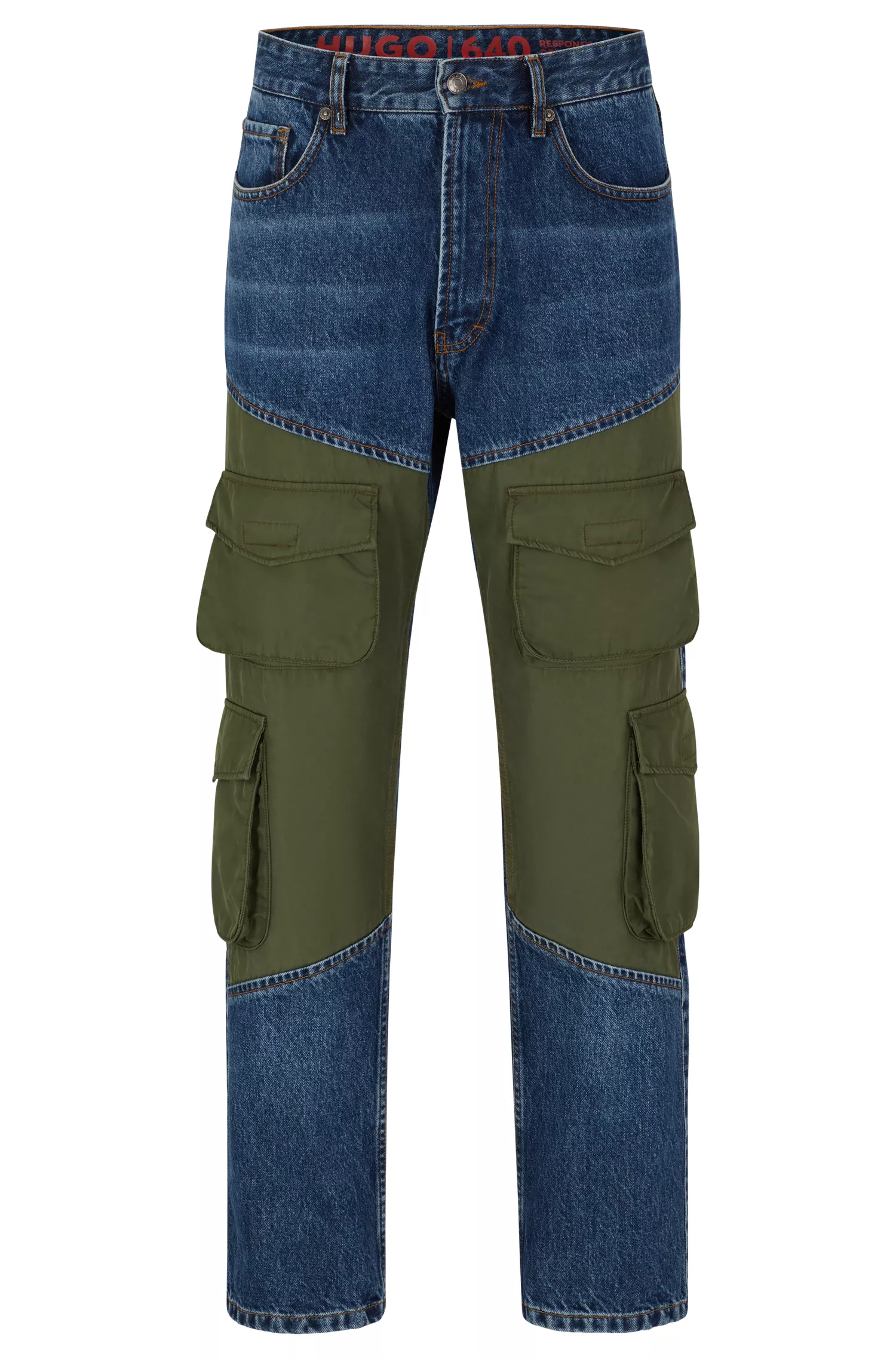 Calça jeans HUGO Red-Hybrid de corte regular em denim rígido azul.