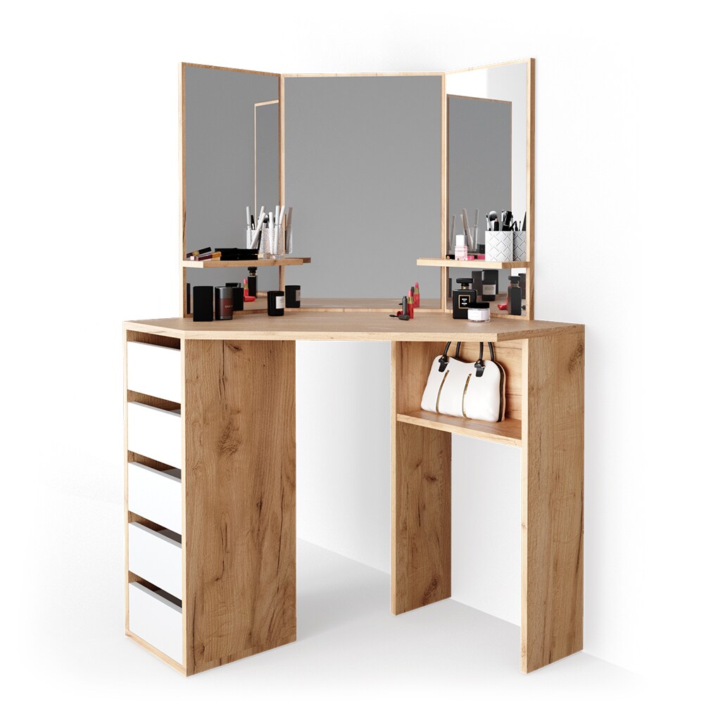 Vicco Eckschminktisch Frisiertisch Schminkkommode Arielle Eiche Weiß Spiegel 110x145 cm modern Schlafzimmer Kommode Schublade Ablage Aufbewahrung Kosmetiktisch Schminkkonsole Make-Up-Tisch
