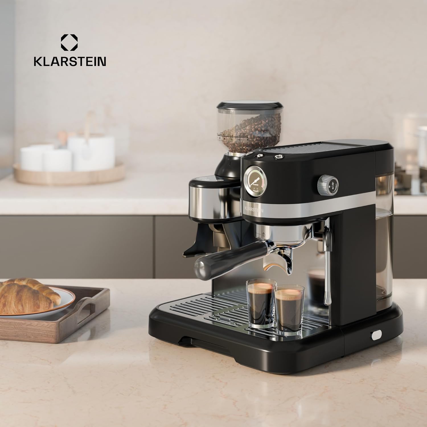Klarstein Bella Café Siebträgermaschine Mit Mahlwerk – 19 Bar, 1.550 W, 1,4-l-Wassertank, Integriertes Kegelmahlwerk, Milchaufschäumer, 2 Tasseneinsätze, Thermo-Block, Schwarz