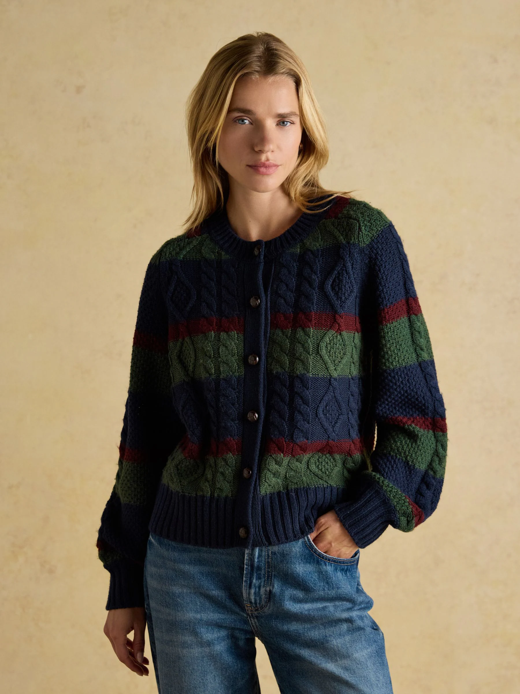 Marineblauw en groen gestreept - Joules Rafferty Kabelgebreid vest