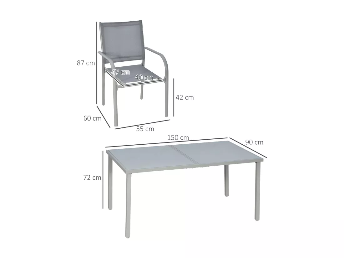 Ensemble de jardin 6 personnes chaises empilables table à manger dim. 150L x 90l x 72H cm plateau verre acier époxy textilène gris