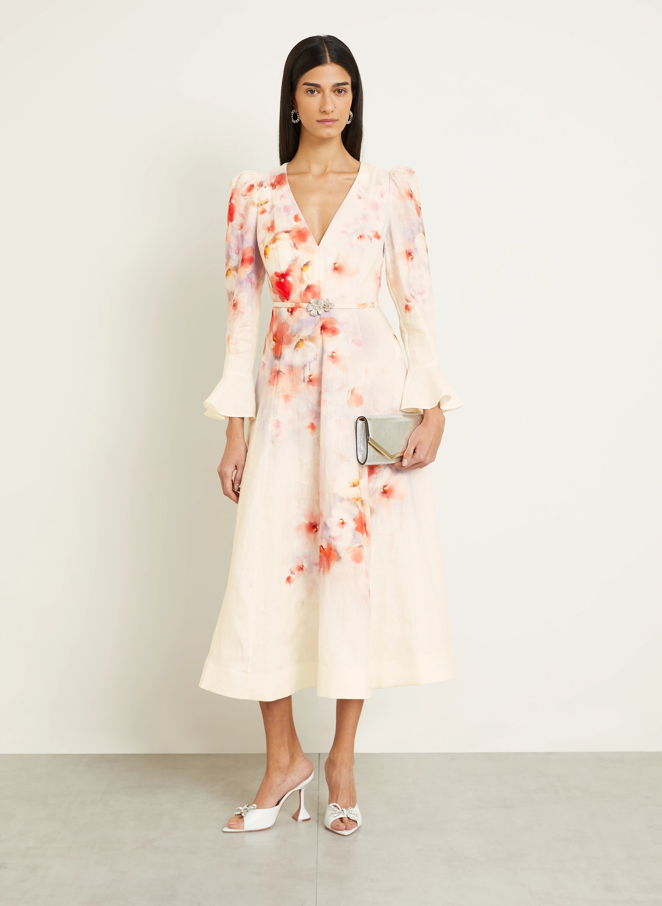 ZIMMERMANN Leinenkleid mit Volants und Schmucksteinen