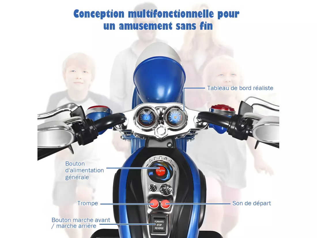 Moto Électrique 6V pour Enfants Scooter avec 3 Roues Effet Sonore et Lumineux, 3Km/h Max, 3 Ans + Style de Chopper Bleu
