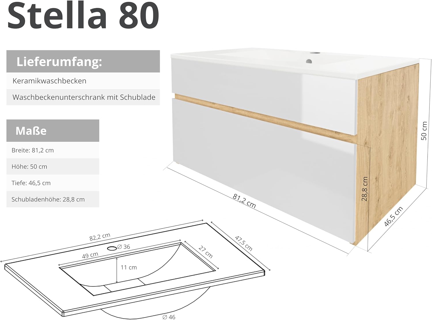 Stella Waschtischunterschrank – Hängend | Eiche Artisan | Weiß Hochglanz | 81,2 × 46,5 × 50 cm | Moderner Waschbeckenunterschrank mit Keramikwaschbecken | Waschbecken mit Unterschrank