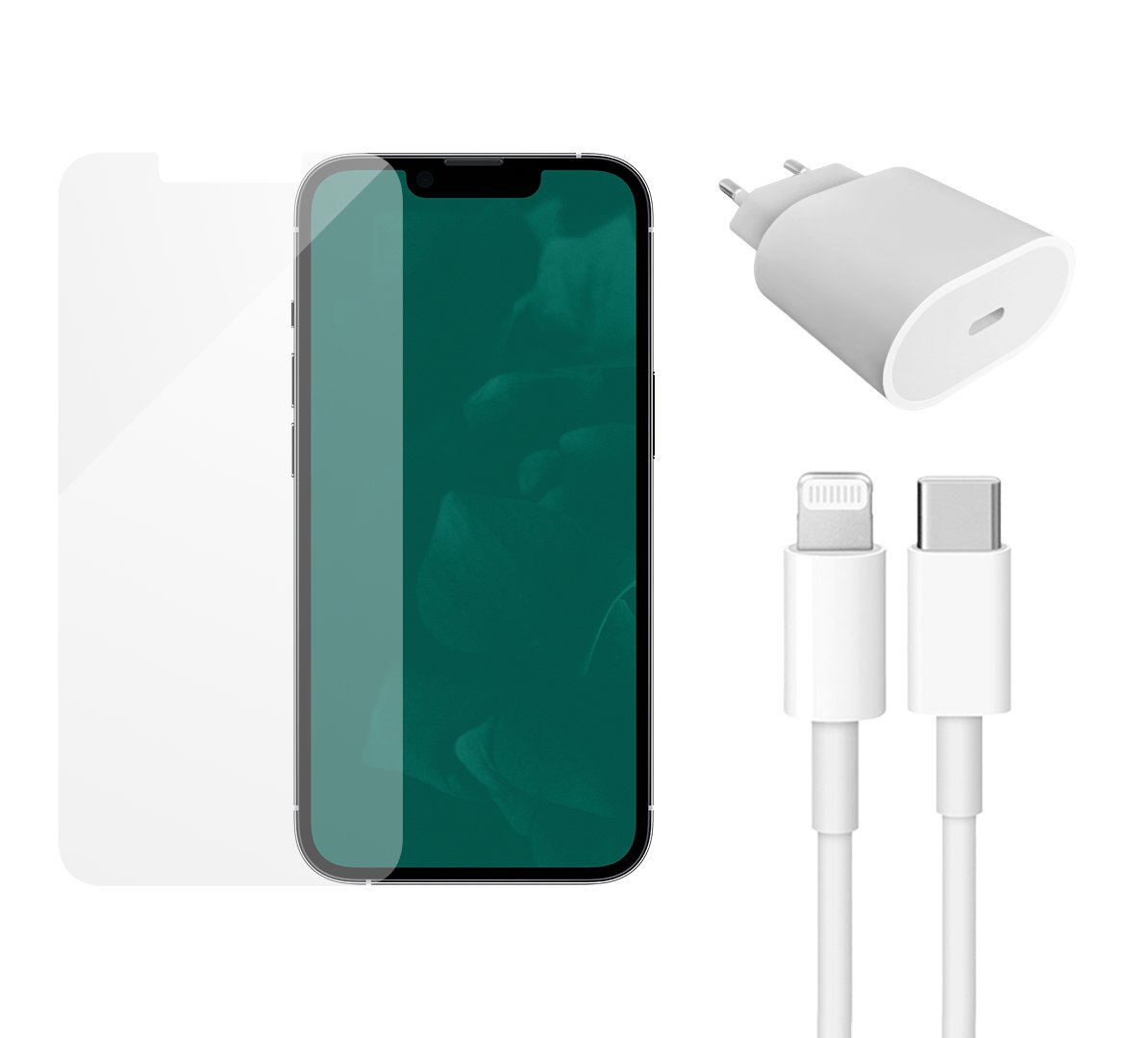 Fast Charger (20W), Cable (Lightning) & Screen Protector