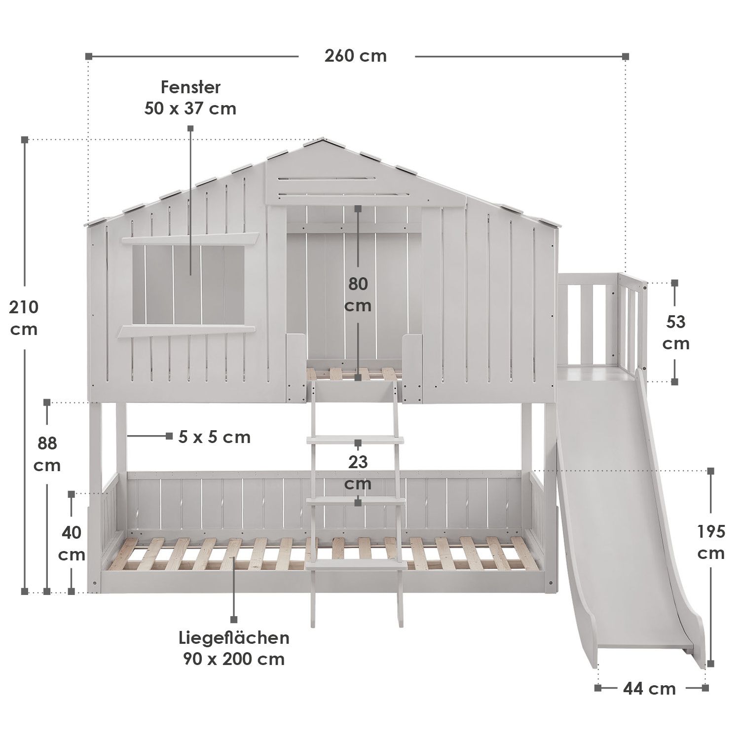 Juskys Kinderbett Baumhaus 90x200 cm Weiß mit Rutsche, Dach & Lattenrost – Hausbett für Kinder