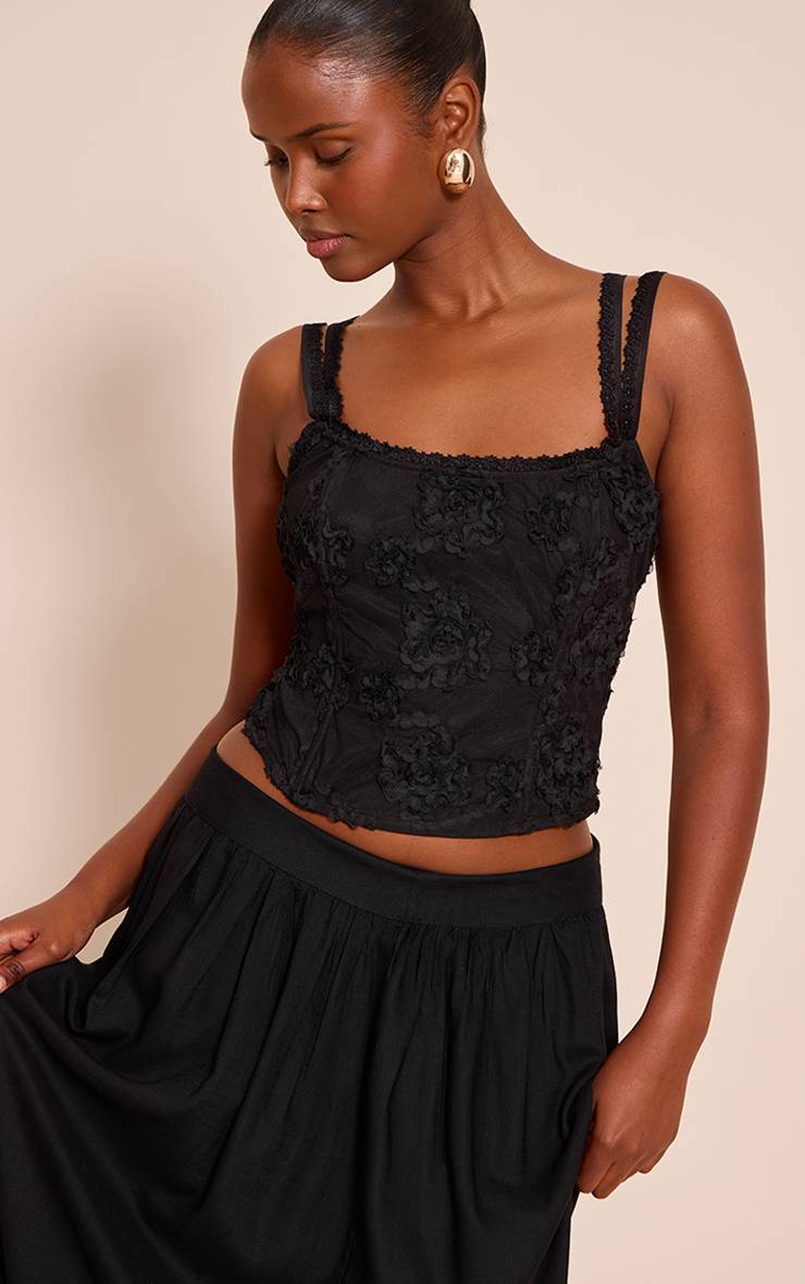 Noir Corset Baleiné À Texture Florale