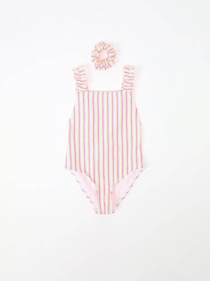 Conjunto de biquíni listrado e scrunchie - Fúcsia fluorescente