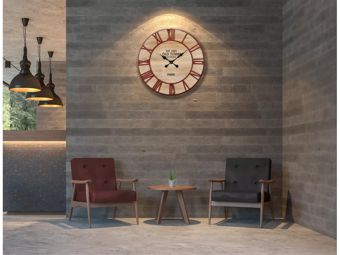 Horloge ronde en bois et métal rouillé 70cm