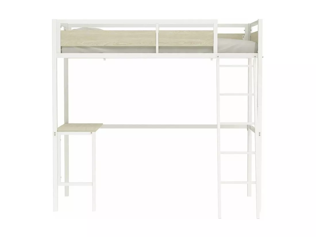 Lit mezzanine avec sommier et bureau en métal finition epoxy blanche et mélamine imitation chêne - couchage 90 x 190 cm - DINO