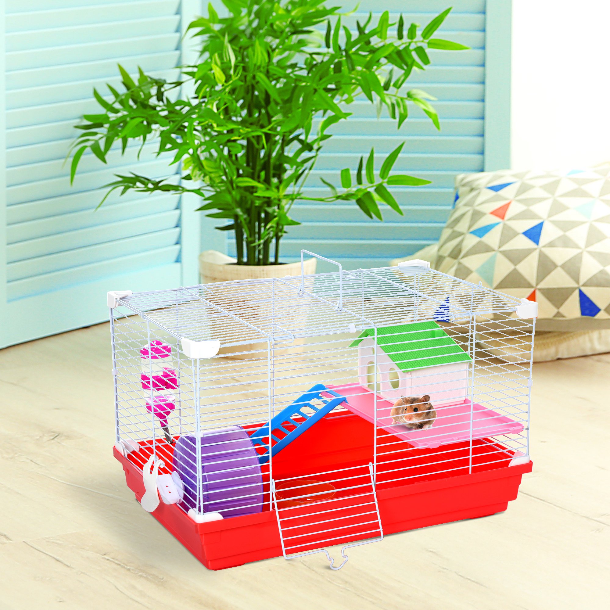 Gaiola PawHut para Hamster, Casinha para Hamster 47x30x27 cm com 1 Andar, Comedouro, Bebedouro, Rampa, Roda de Exercícios para Pequenos Animais, Branca e Vermelha