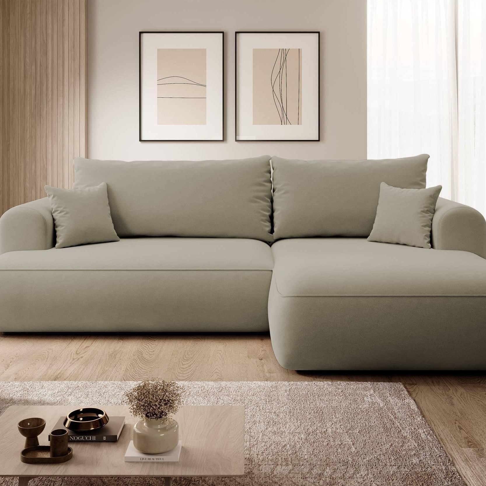NADUVI Collection Philipa Hoekbank Rechts met Slaapfunctie - Velvet - Beige